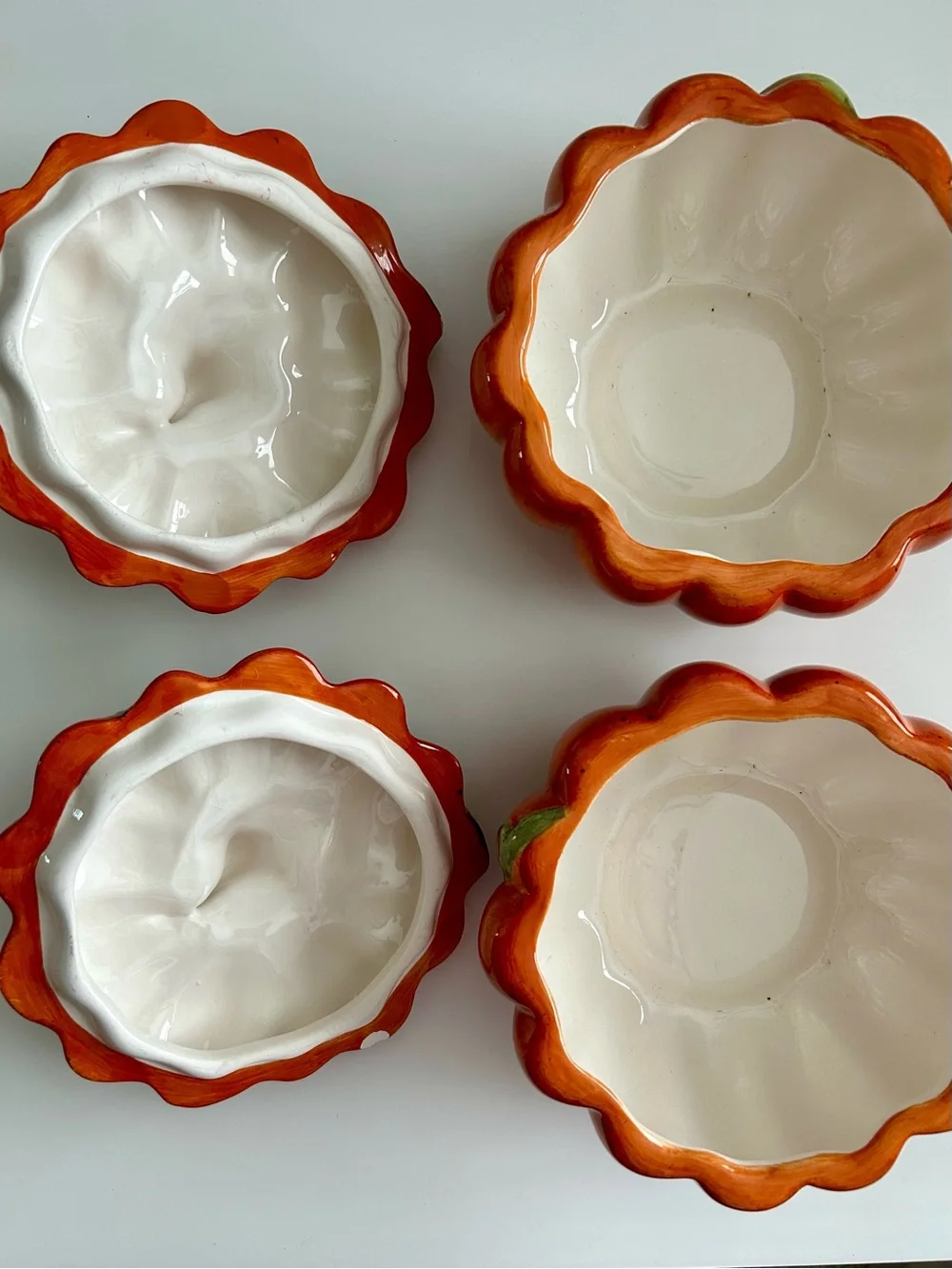 2 Glossy Ceramic Pumpkin Soup Bowl with Green Leaf Accent
